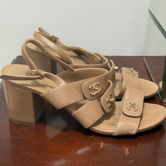 Chanel Interlocking CC Logo Leather Slingback Sandals Women's Size 38.5 - Picture 5 of 11